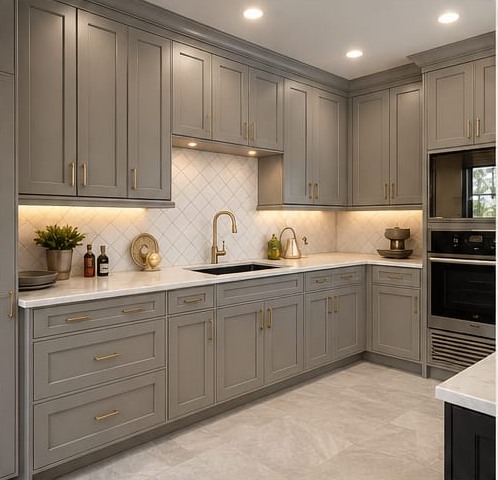 The fitted kitchen seen along the run of base and wall cabinets