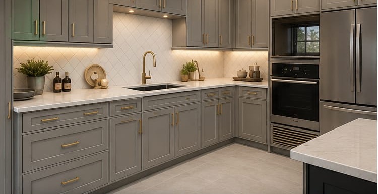 A fitted kitchen in grey shaker cabinetry with brass handles