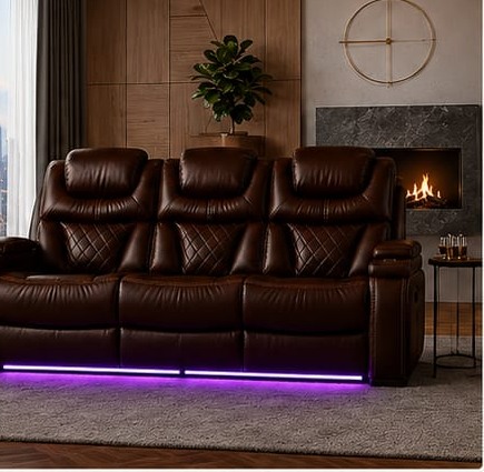A three-seat power recliner sofa in brown leather with LED underglow